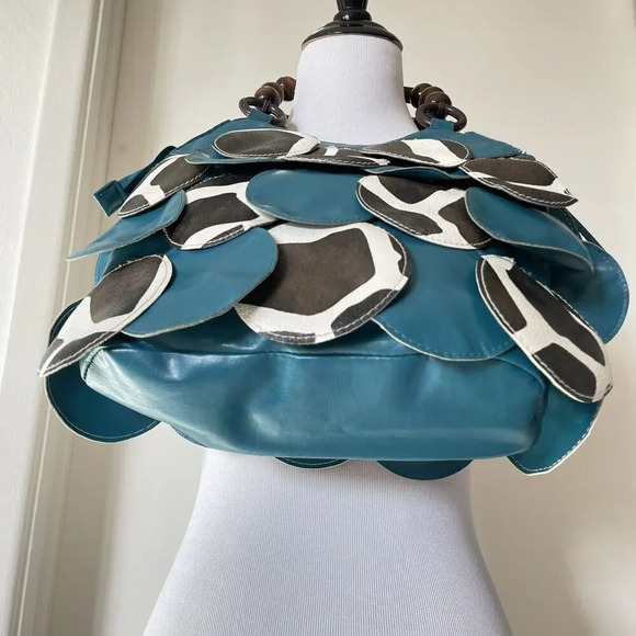 Turquoise Giraffe Print Circle Wood Beads Handle Handbag - Picture 9 of 10